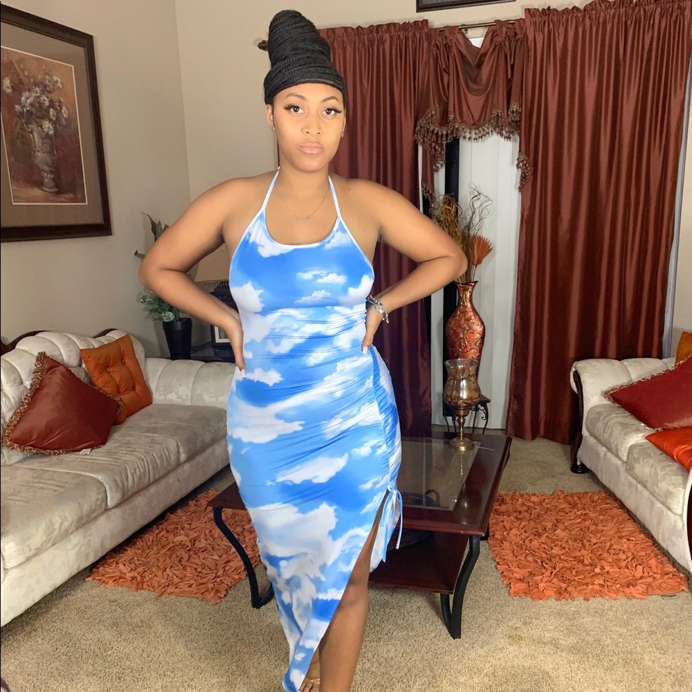 Bodycon White Blue High Slit Halter Dress